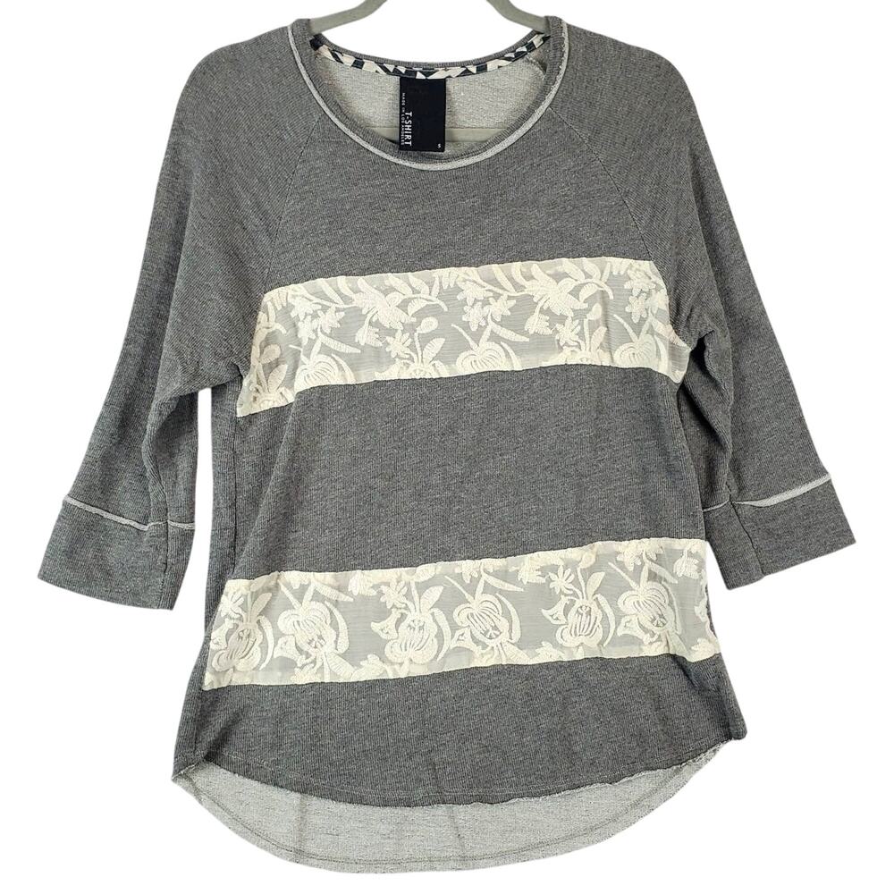Anthropologie Dolan Floral Lace Top Sz S Gray White Embroidered Boho Soft Grunge